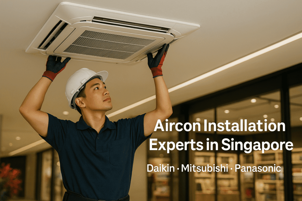 Certified aircon technician installing a ceiling cassette unit in a modern commercial space in Singapore