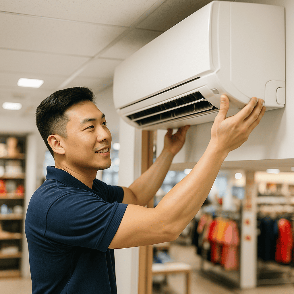 Technician installing Mitsubishi inverter aircon in a retail store