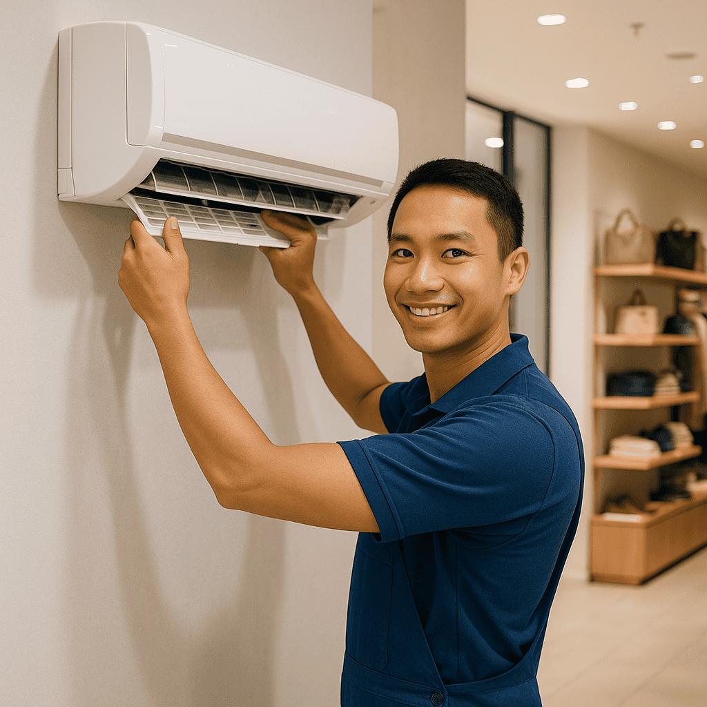 Singaporean technician installing Panasonic inverter aircon in retail store