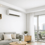 Modern living room with wall-mounted air conditioner and large window.