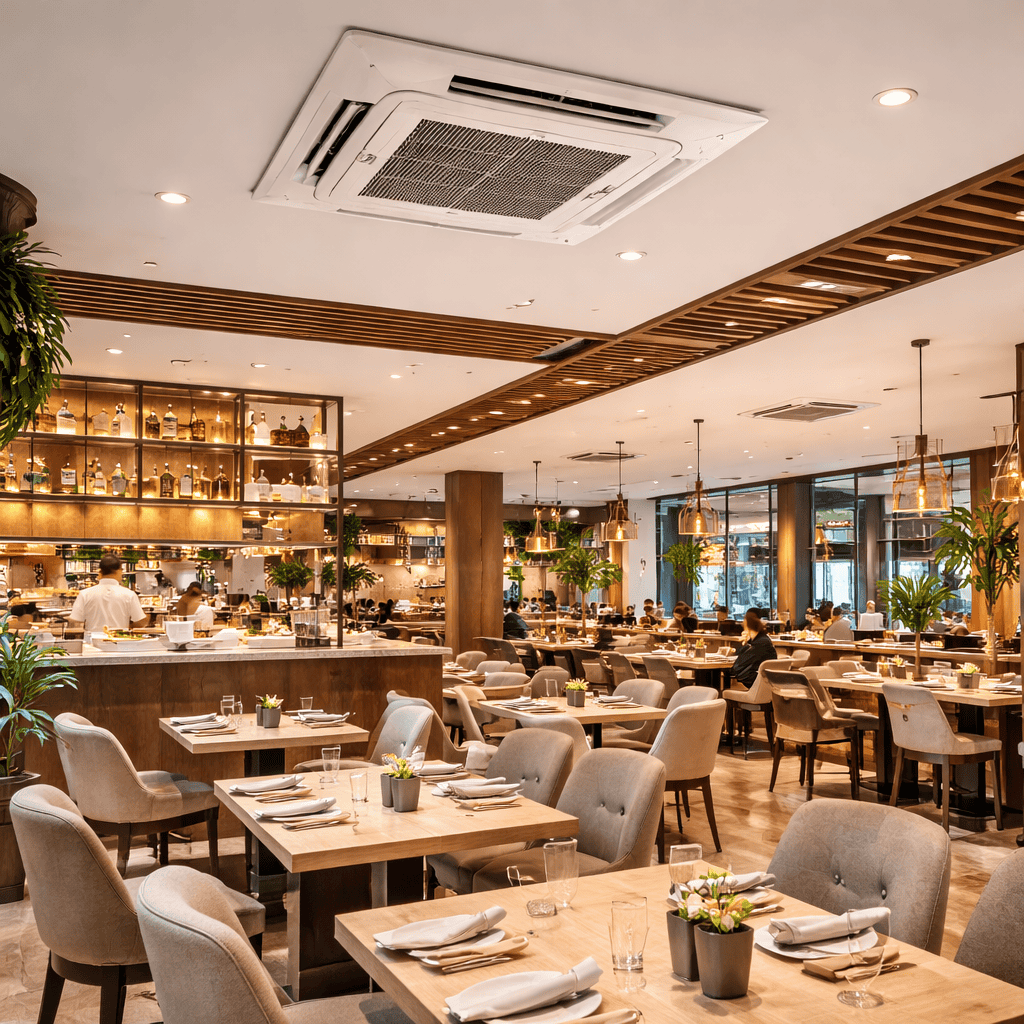 Mitsubishi Heavy Industries ceiling cassette air conditioner installed in a Singapore F&B restaurant.