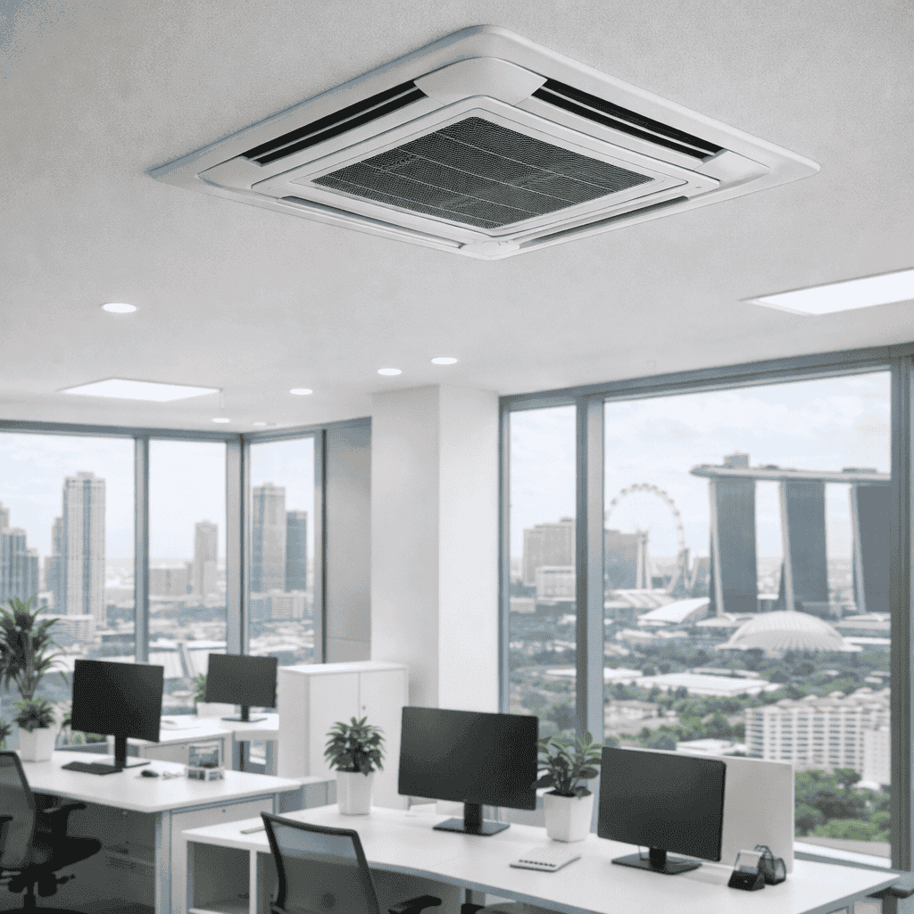 Daikin Ceiling cassette aircon system installed in modern Singapore office for energy efficiency