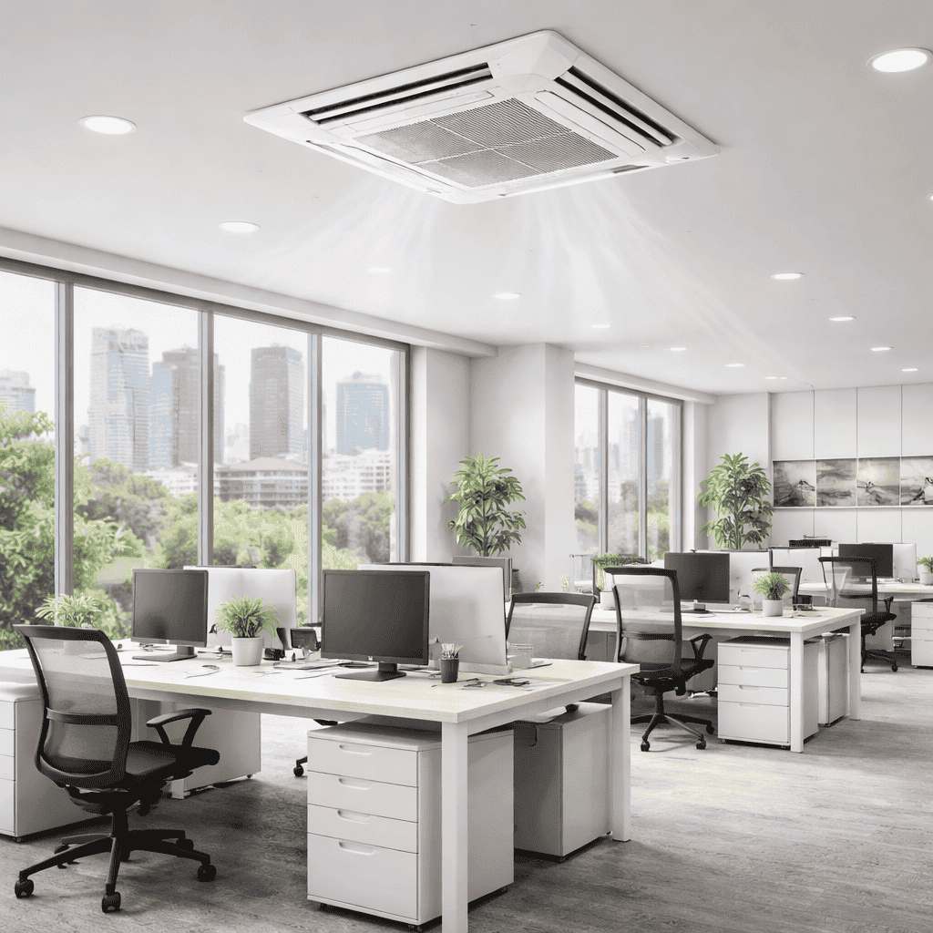 Panasonic ceiling cassette aircon installed in a modern Singapore office for energy efficient cooling