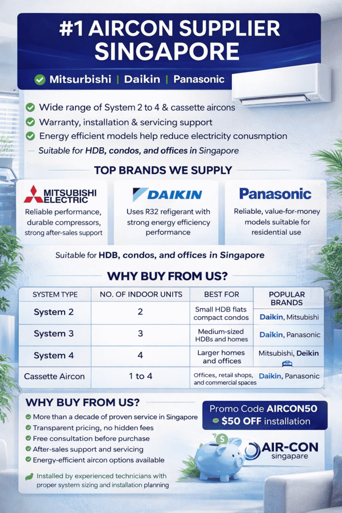 Aircon Supplier Singapore – System 2 to 4 & Cassette Aircon Solutions Aircon supplier in Singapore offering system 2, 3, 4 and cassette aircon solutions for HDB, condo and office use