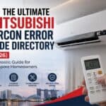 Mitsubishi Electric wall-mounted air conditioner displaying an EC error code with remote control, featured image for the 2026 Singapore aircon error code diagnostic guide.