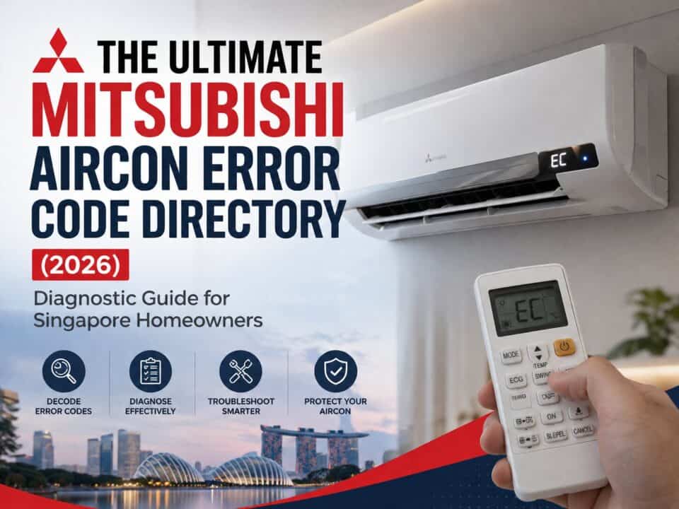 Mitsubishi Electric wall-mounted air conditioner displaying an EC error code with remote control, featured image for the 2026 Singapore aircon error code diagnostic guide.