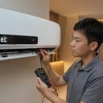 A professional technician inspecting a EuropAce indoor split air conditioner unit displaying an EC error code on its digital panel in Singapore.