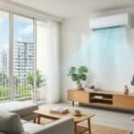 A premium wall-mounted split aircon unit actively blowing fast cooling airflow into a modern Singaporean living room during an extreme heatwave.