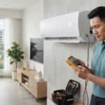 A professional technician inspecting a Midea indoor split air conditioner unit displaying an EC error code on its LED panel in Singapore.