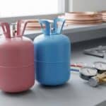 A high-detail visual comparison of R32 and R410A refrigerant gas cylinders and diagnostic pressure gauges in a Singapore servicing workshop.