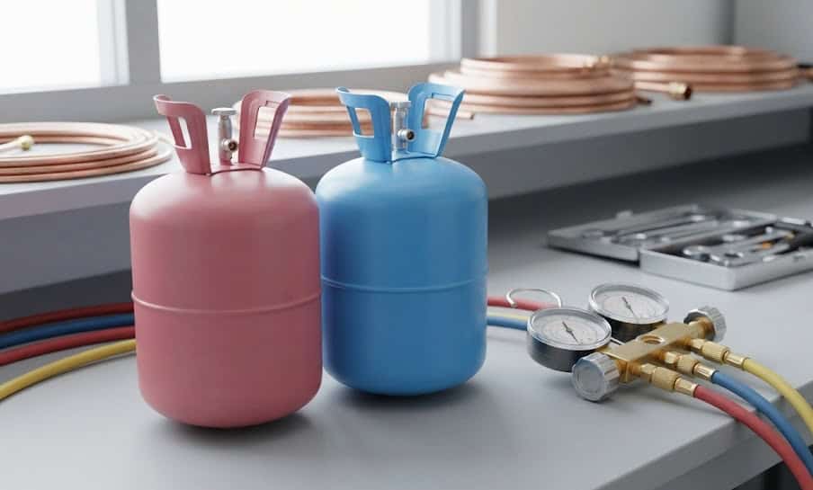 A high-detail visual comparison of R32 and R410A refrigerant gas cylinders and diagnostic pressure gauges in a Singapore servicing workshop.
